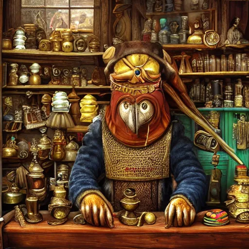 Prompt: Anthropomorphized parrot trader in his shop, selling his wares, portrait, items, gold, carpet, window, sly expression , cunning expression, cute expression, presenting wares, holding a gold bag, D&D, fantasy, cinematic lighting, highly detailed, digital painting, artstation, concept art, smooth, sharp focus, illustration, warm light, cozy warm tint, magic the gathering artwork, volumetric lighting, 8k, art by Akihiko Yoshida, Greg Rutkowski