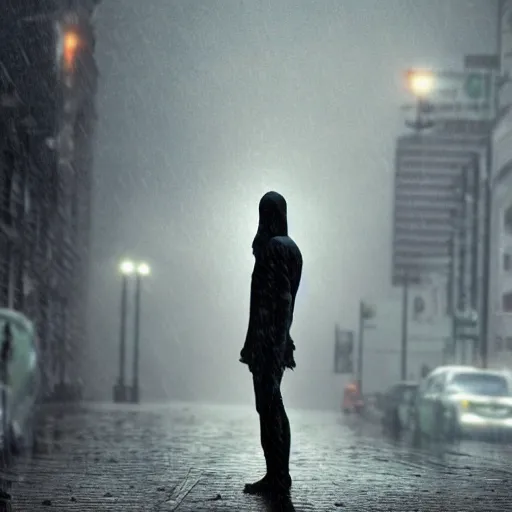 Image similar to Spiderman standing under rain with ,mellow , dramatic, sad ambience,. Wallpaper