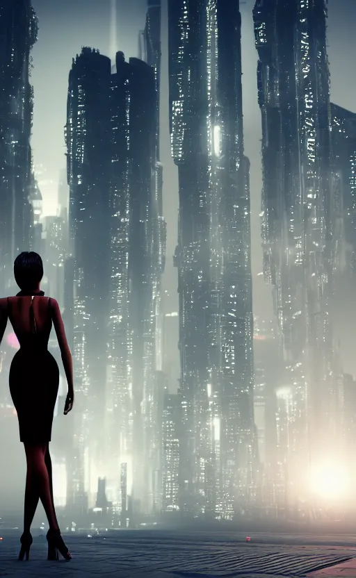 Image similar to an elegant Black woman in dress and heels, her back is to us, looking at a futuristic Blade Runner city, 8K