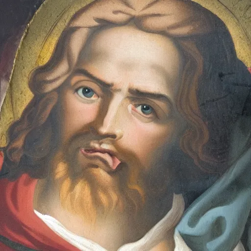 Prompt: 18th century painting of angry looking Jesus with a headset on holding a xbox controller