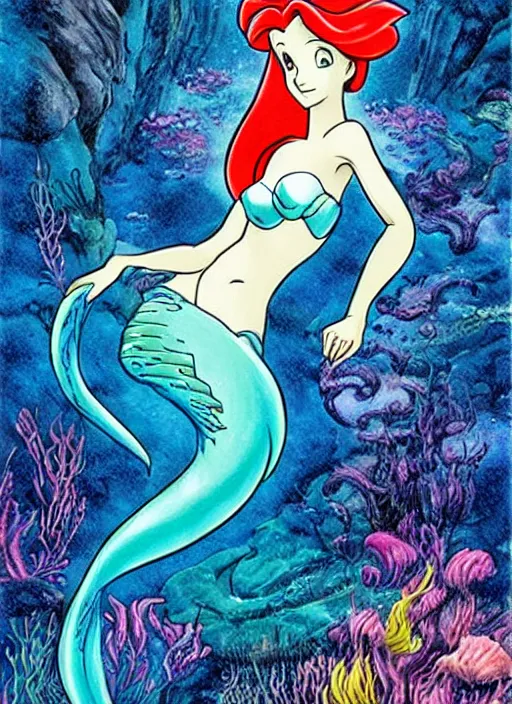 Image similar to portrait of ariel from the little mermaid in yoshitaka amano style