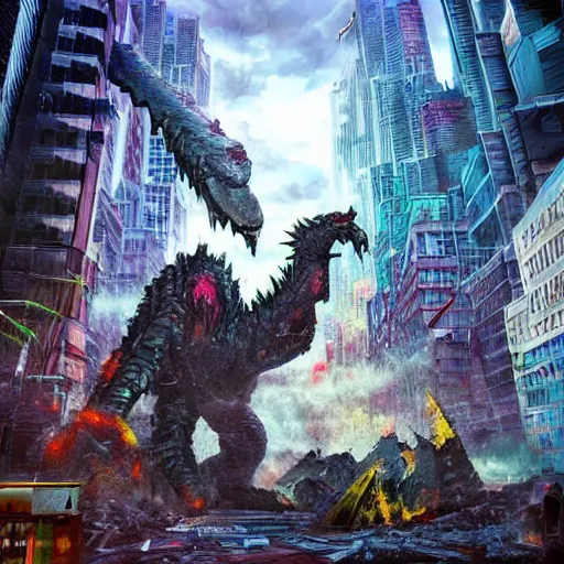 Prompt: destructive giant monsters in the city, photorealistic, highly detailed, sharp focus, vivid, colorful, symmetrical, random, convoluted, mind - blowing, creative, fully functional, end of the world, physics defying, amazing, cool