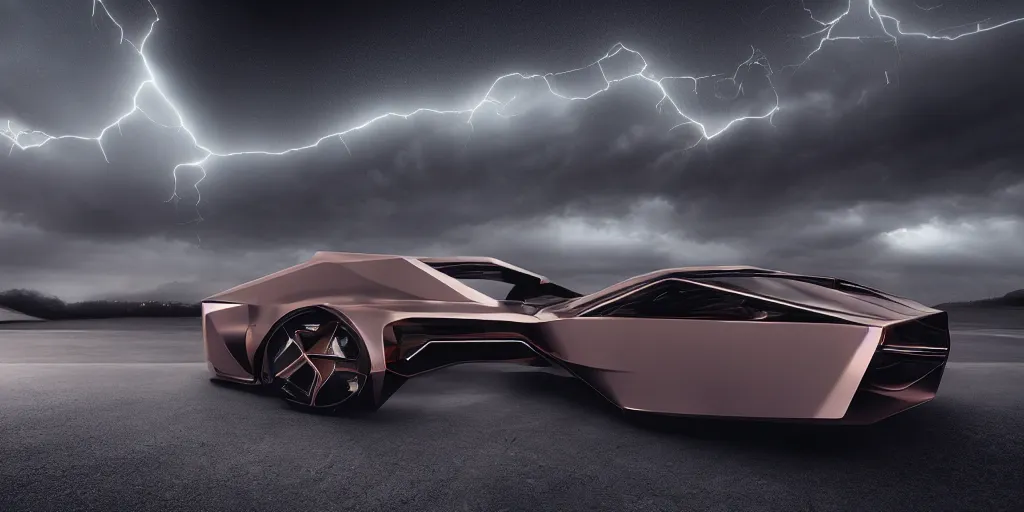 Prompt: a design of a futuristic vehicle, designed by Polestar, night thunderstorm lightning background, brushed rose gold car paint, black windows, dark show room, dramatic lighting, hyper realistic render, depth of field