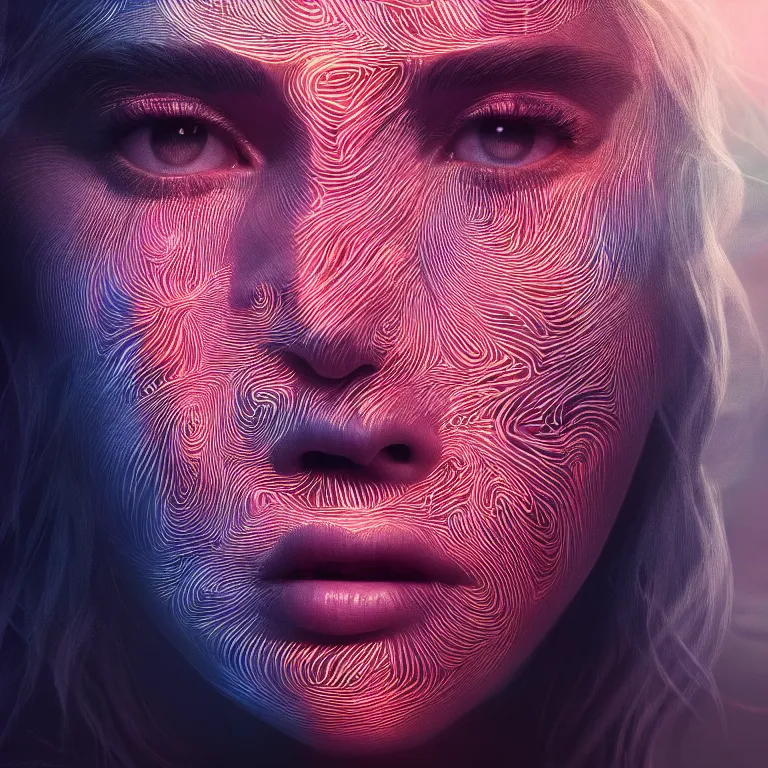 Prompt: emilia clarke covered in glowing lines, concept art, fantasy, extremely high detail, photorealism, octane render, 8 k