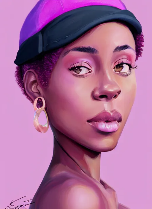 Image similar to portrait of vanessa morgan, black teenage girl, pink hair, wavy pixie haircut, purple newsboy cap, fluffy pink hair coming out from under cap, hoop earrings, subtle confident smile, intricate, elegant, glowing lights, highly detailed, digital painting, artstation, concept art, sharp focus, illustration, art by wlop, mars ravelo and greg rutkowski