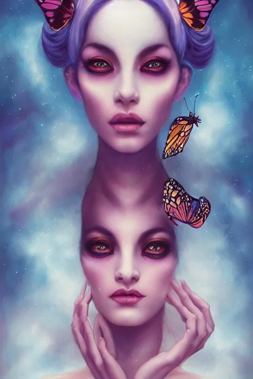 Prompt: portrait of an elegant alien butterfly woman queen, straight on portrait, by artgerm, tom bagshaw, gerald brom, vaporwave colors, lo - fi colors, vaporwave, lo - fi, moody vibe, goth vibe, 4 k, hd,