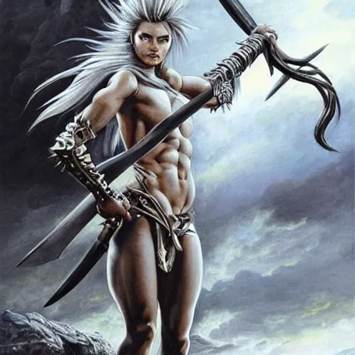 Image similar to realistic art style, warrior girl, muscular girl, wild spiky black hair, long spiky hair, electrified hair, holding scimitar made of bone, scimitar, sword, jagged sword, curved sword, orkish sword, colorized, gray skin, hyper - detailed, primeval fantasy, prehistoric fantasy, art by jacques - louis david