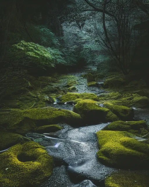 Prompt: a gently flowing stream in the middle of a japanese forest at night, dark and dim lighting, beautiful, tranquil, moody, cinematic, fantasy, 3 5 mm lens, volumetric lighting, first person view, photographic render, hyper realistic