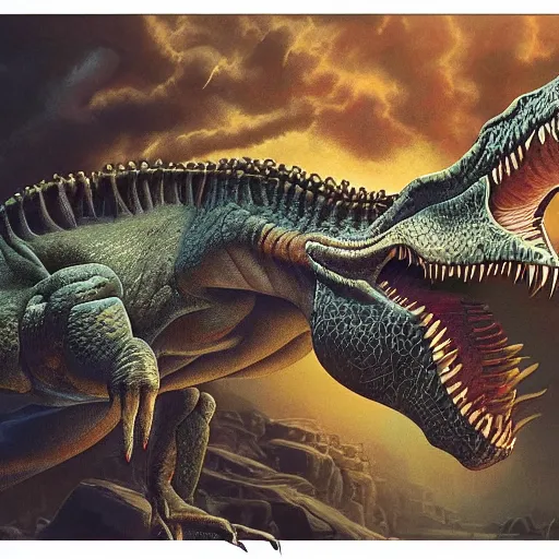 Prompt: dinosaur, detailed 1 9 2 0 ’ s colored pencil, highly detailed, highly accurate, deep aesthetic, 8 k, highly ornate intricate details, cinematic lighting, rich colors, ray tracing, hyperrealistic, photorealistic, cinematic landscape, trending on artstation,