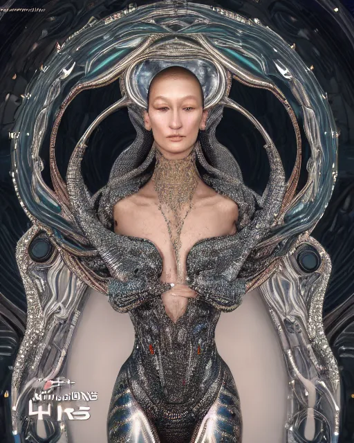 Image similar to a highly detailed metahuman 4 k close up render of an alien goddess bella hadid as alien in iris van herpen dress schiaparelli in diamonds crystals swarovski and jewelry iridescent in style of alphonse mucha gustav klimt trending on artstation made in unreal engine 4