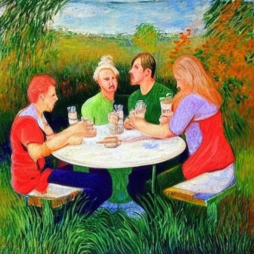 Prompt: “a vibrant painting of a group of blonde people drinking beer at a rusty round metal table, rusty colour, the table is a big circular rusty saw blade circle saw. in the style of Monet on a Spanish mountain.”