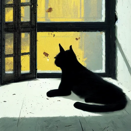 Image similar to a giant black cat with yellow eyes looking through a window at a sleeping blonde girl, detailed, Greg Rutkowski