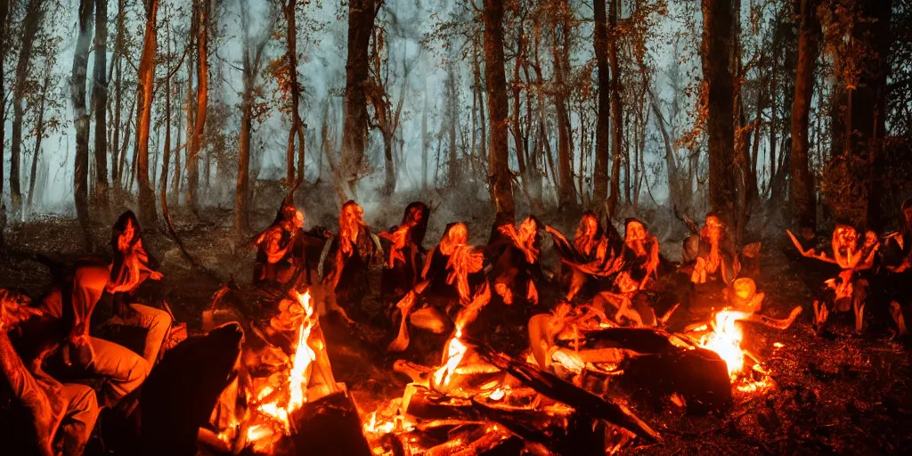 Prompt: witches burning offal over a wildly lit campfire with a massive pot in an ominous forest at night, photography