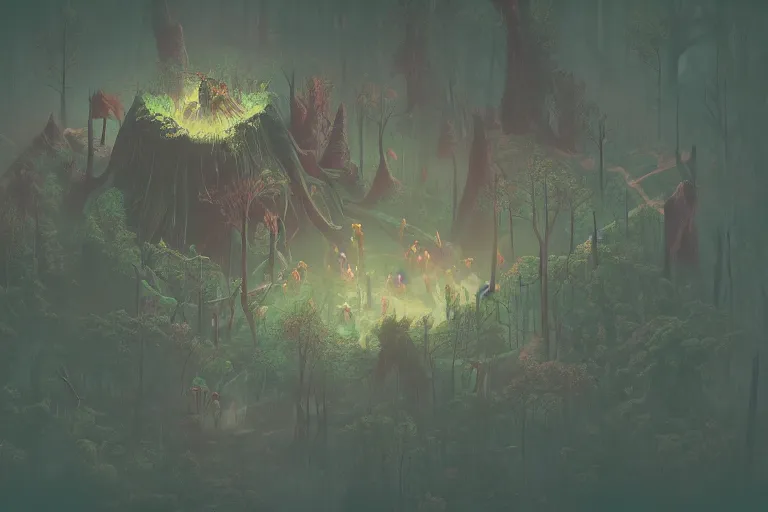 Image similar to Isometric dark forest with monsters, pastel colors, highly detailed, octane render, psychedelic, trending on artstation, by Greg Rutkowski