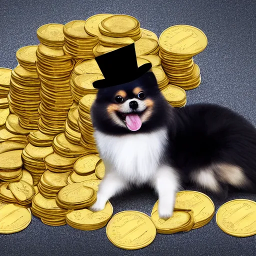 Image similar to A pomeranian wearing a top-hat, sitting on top of a large pile of gold coins