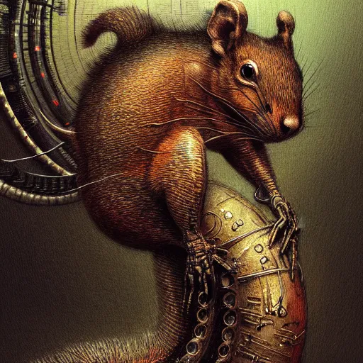 Image similar to a highly detailed long shot photo, cyberpunk mechanical squirrel, by ayami kojima, beksinski, giger, intricate, digital painting, artstation, intricate, concept art, smooth, sharp focus, illustration