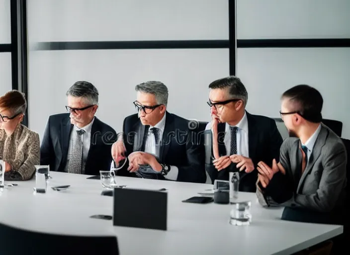 Prompt: photo of well dressed cats in spectacles at a management board meeting. Highly detailed 8k. Intricate. Sony a7r iv 55mm. Stock photo.