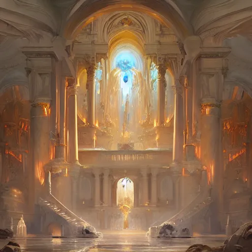 Image similar to concept art of absolutely gorgeous rendition of heaven and beautiful marble structure with many spirits and angels, artstation, glorious lighting, heavenly perfection. painterly strokes by dreadjim and greg rutkowski, james gurney, iridescent lighting and colors