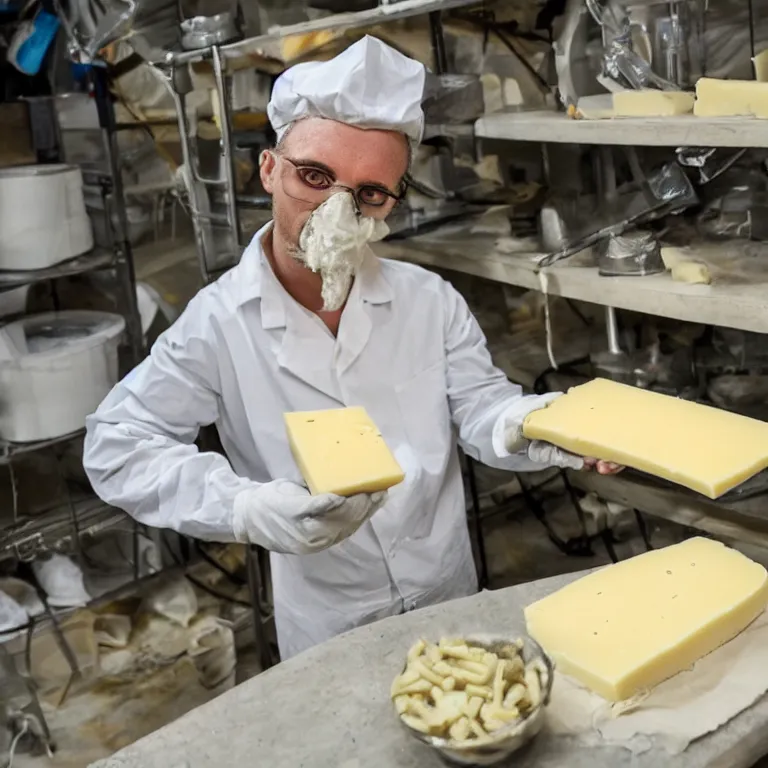 Image similar to a rat mad scientist creating the ultimate cheese in his underground lab