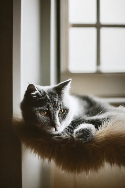 Prompt: “ fluffy grey cat lying on cat tree near window, cozy living room, warm, cotton, dramatic lighting, extremely high quality, leica m - a, lux 3 5 fle, portra 8 0 0 ”