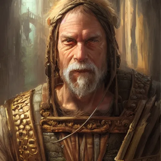 Prompt: the friendly merchant as a realistic fantasy d & d character, closeup portrait art by donato giancola and greg rutkowski, realistic face, digital art, trending on artstation