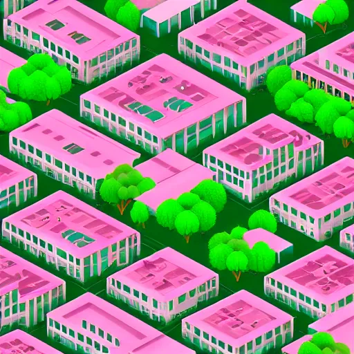 Prompt: isometric illustration of a dense urban city, lots of buildings and trees, pastel green and pastel pink colors, fun, soft, detailed, 3d rendered, playful