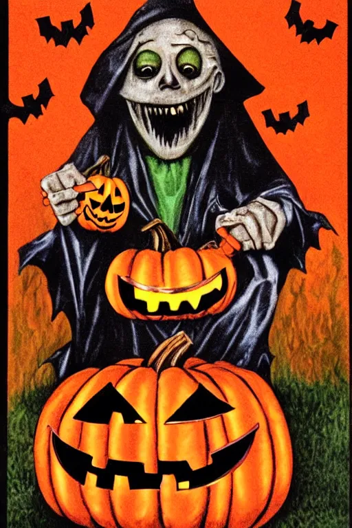 Prompt: a horrific, halloween ghoul, holding a jack - o - lantern, retro, 1 9 8 0 s, by march schoenbach, enzio sciotti