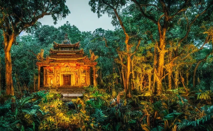 Prompt: a huge magical temple in the middle of a jungle, epic lighting