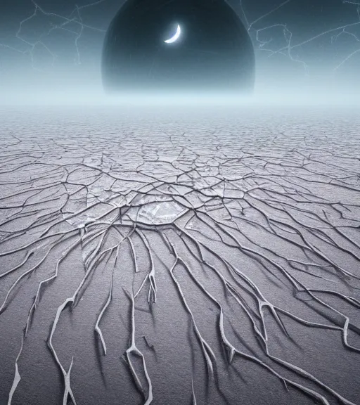Prompt: surreal neuron city, breaking the waves, tower made of crystalized synapse, aerial iridecent veins, moonbow, inverted white massive veins of sand in the floor, in the desert, foggy sky, dark starry night, octane render, unreal engine, pale colors, high detail, 8 k, wide angle, trending on artstation, behance