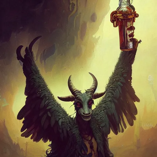 Image similar to highly detailed painting of baphomet drinking beer, unreal engine, fantasy art by greg rutkowski, loish, rhads, ferdinand knab, makoto shinkai and lois van baarle, ilya kuvshinov, rossdraws, tom bagshaw, alphonse mucha, global illumination, radiant light, detailed and intricate environment