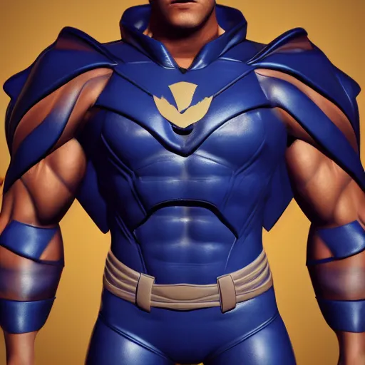 Image similar to muscular hero wearing a cobalt cape with a powershell logo on chest, skin texture, clothing, 3d sculpture, textured, fine detail, lifelike, photo, high resolution, octane render, post processing, after effects, trending on artstation