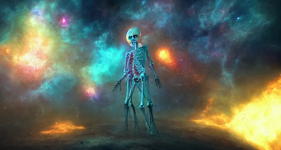 Image similar to a photo of one enormous humanoid pearlescent!! smoke!! skeletal cosmic!! old god!! floating in space!! in a nebula!!!!, 4 k, unreal engine, concept art, matte painting, cosmic horror!!, nightmare, color accents,