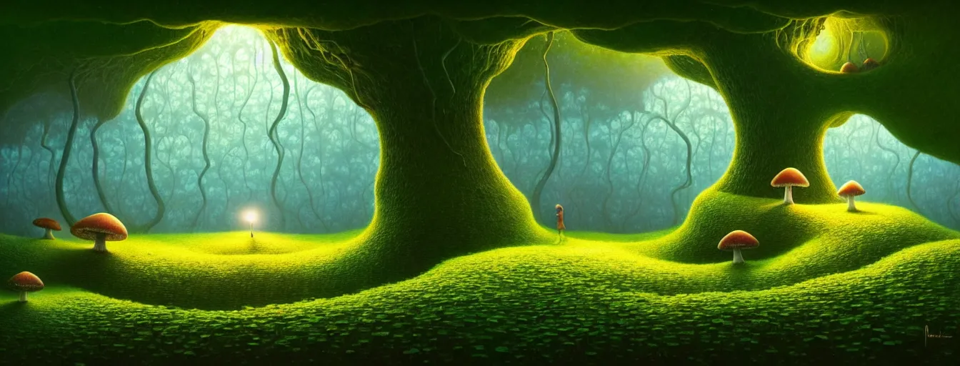 Image similar to gediminas pranckevicius beautiful and stunning professional digital artwork of a glowing mushroom cave, haze, spores floating in the air, vines, water, volumetric lighting, hyperrealistic, rtx on, ultra detail, barlowe wayne, maxfield parrish and marco mazzoni, miniature | no signature!