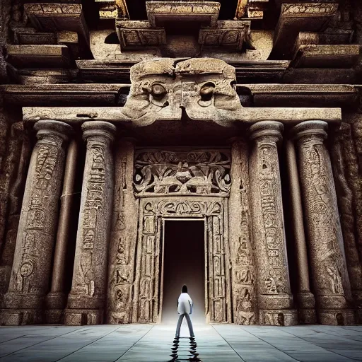 Image similar to a lone traveler exploring giant temples with large doors, mysterious statues, fantasy art