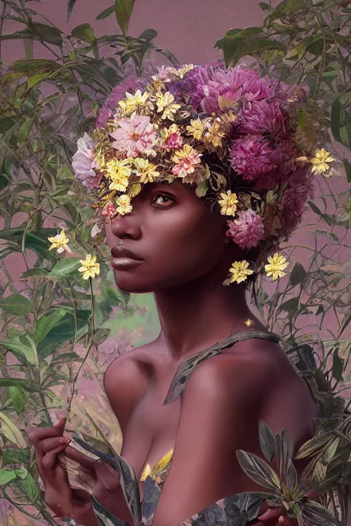 Image similar to ultra realistic illustration, a beautiful swahili girl with flowers blossoming from helmet, elegant, highly detailed, digital painting, concept art, smooth, sharp focus, illustration, art by artgerm and greg rutkowski and alphonse mucha