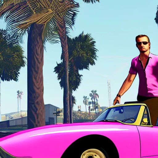 Image similar to gta v cover art by stephen bliss of ryan gosling wearing aviator sunglesses near a pink convertible car