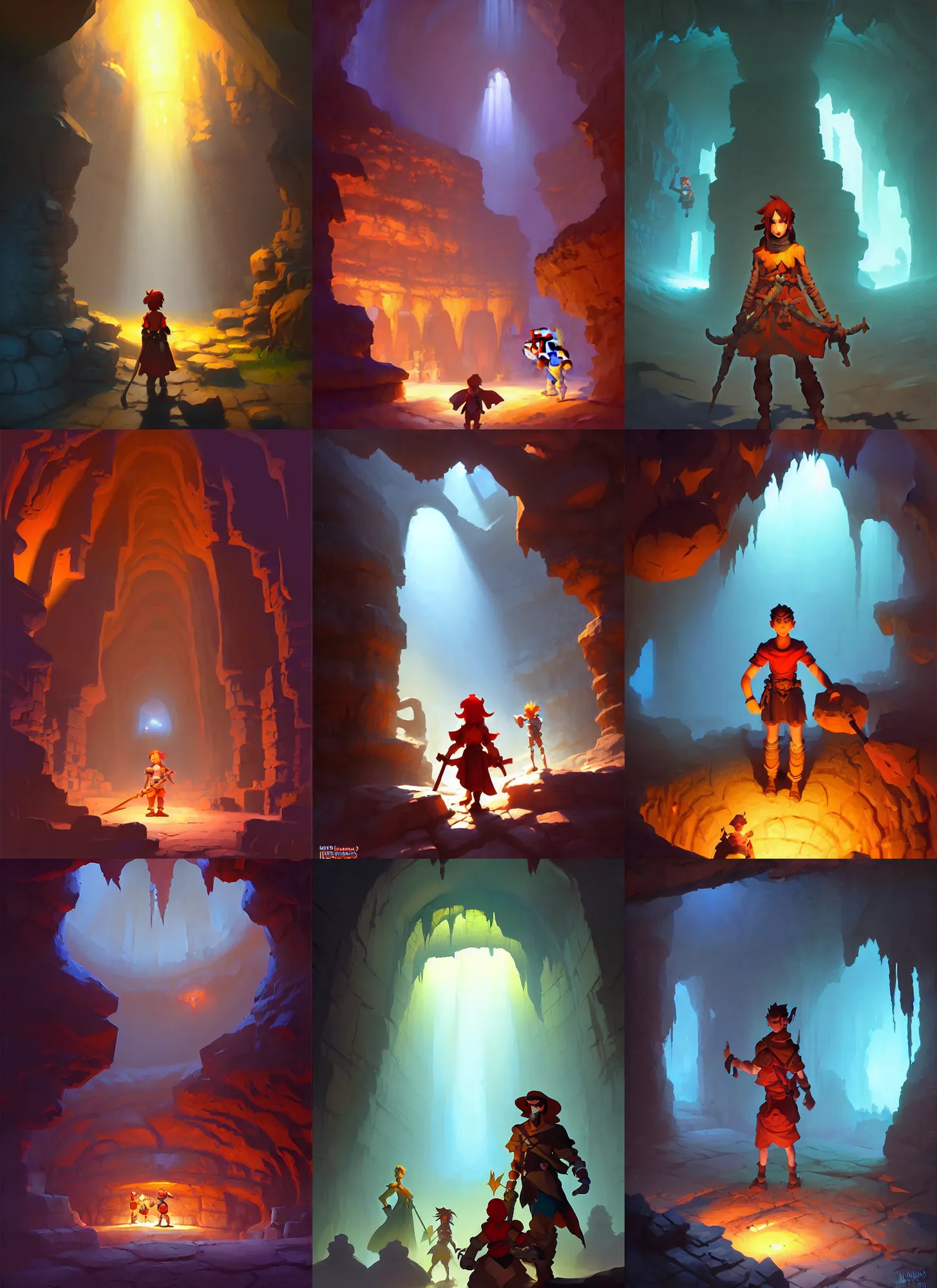 Prompt: ancient underground dungeon cavern, hero world nintendo, by greg manchess, jesper ejsing, by rhads, makoto shinkai and lois van baarle, ilya kuvshinov, global illumination