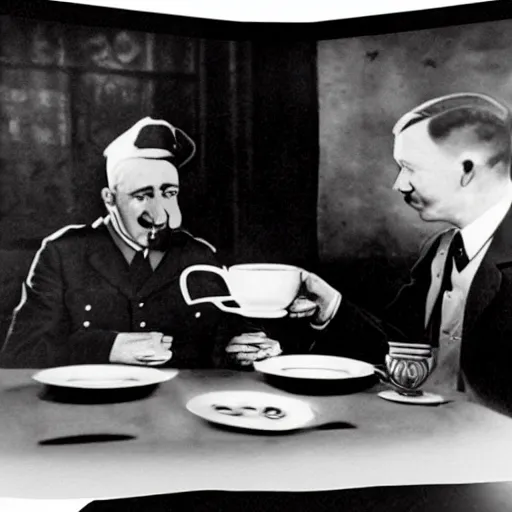 Image similar to a photo of hitler take tea with a muslim, photorealistic, realism, black and white