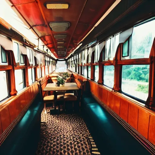 Prompt: photograph of cozy private diner train car, plush chairs, god rays through windows, rich wooden table, potted plants, warm light, wide angle