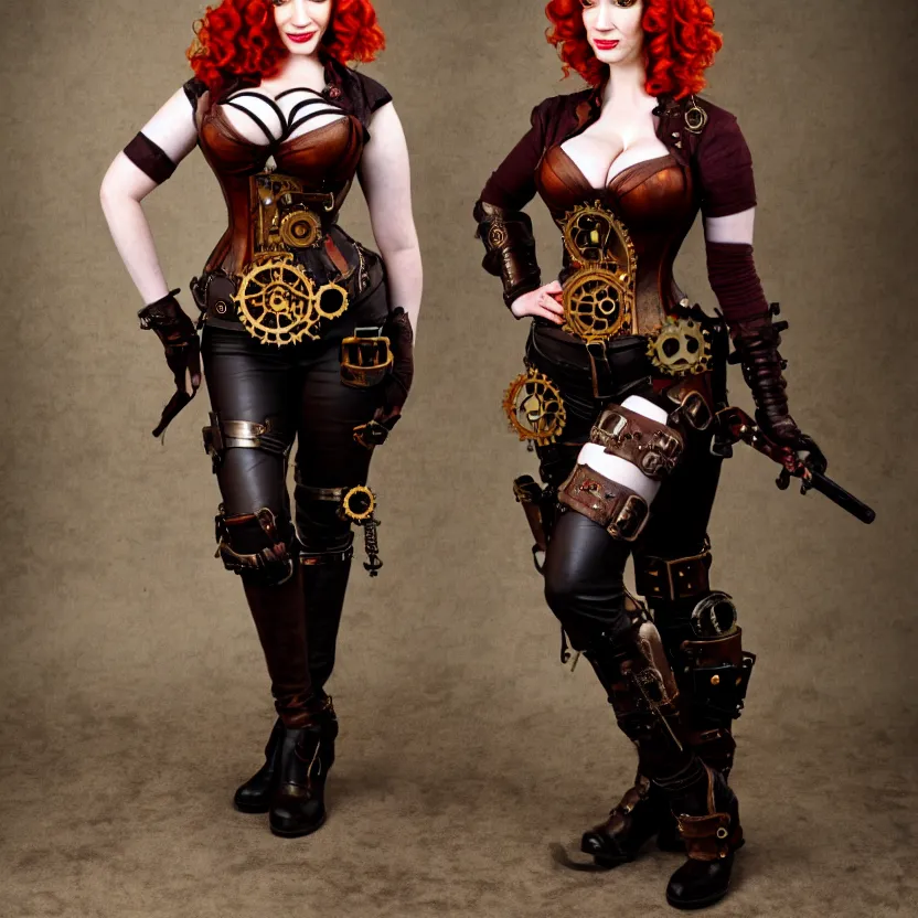 Image similar to full body photograph of christina hendricks as a steampunk warrior, extremely detailed. dslr. 8 5 mm.