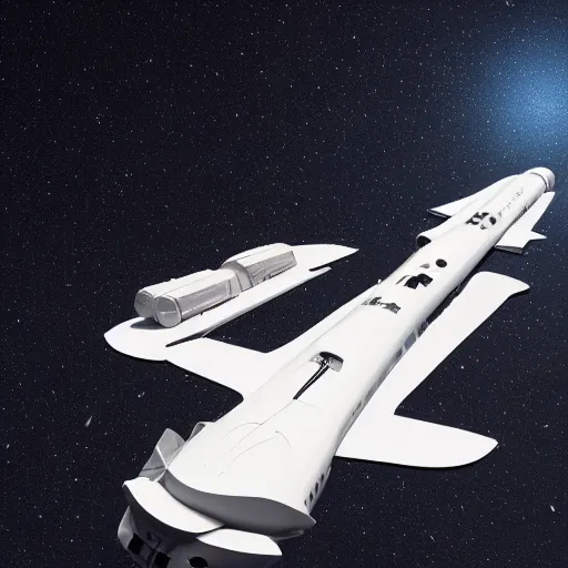 Prompt: two sleek white very long intricate spacecraft, no wings, highly detailed, photorealistic, cinematic, sci-fi, octane render, background of stars and galaxies