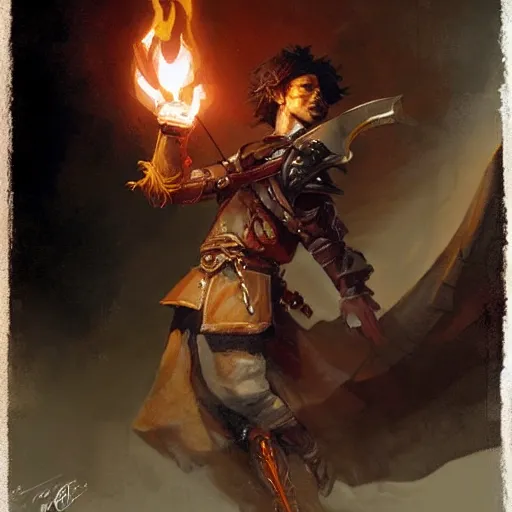 Image similar to beautiful painting of a very short and small male halfing bard from pathfinder, casting fireball, painted by greg rutkowski