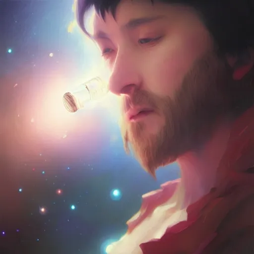 Image similar to A man drinking a cup of cosmic energy bright light, illustration by Ruan Jia and Mandy Jurgens and William-Adolphe Bouguereau, Artgerm, 4k, digital art, surreal, anime style, space dandy style, highly detailed, godsend, artstation, digital painting, concept art, smooth, sharp focus, illustration by Ruan Jia and Mandy Jurgens and William-Adolphe Bouguereau, Artgerm