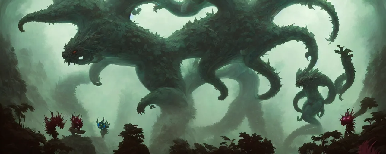 Prompt: cloud forest kaiju yokai guardians by peter mohrbacher and craig mullins and james jean and marc simonetti