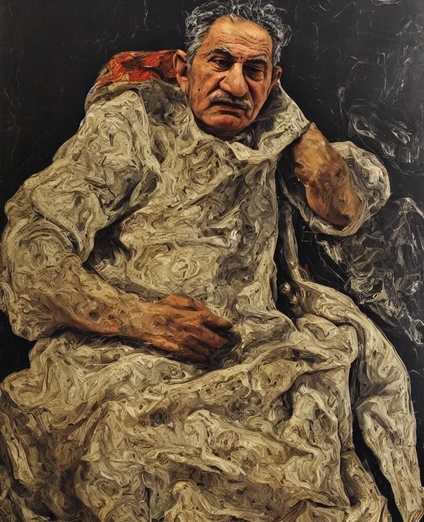 Image similar to high quality, high detail, realistic portrait of bahram beyzai, painted by lucian freud, dramatic lighting, cinematic composition