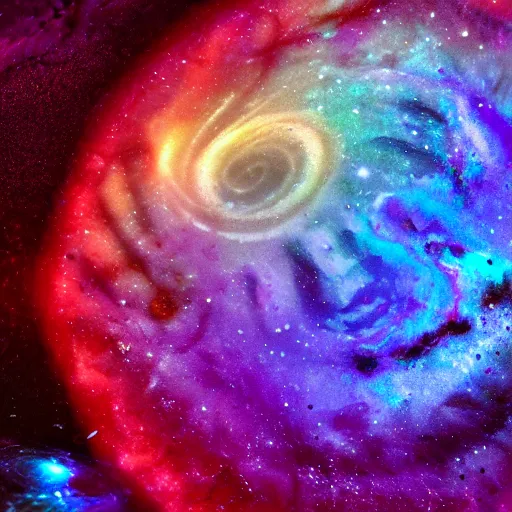 Prompt: < Swirly galaxy made of milk swirls with splashes, nebula, celestial, planets as corn flakes and strawberry, astronomical, cosmic glow, translucent, depths of space, fluid, ultra clear material, epic,3D concept art, octane render, unreal render, tasty, cinematic lighting, intricate details