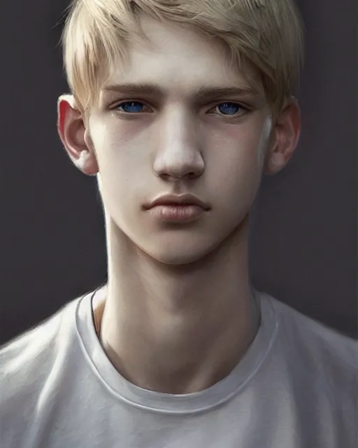 Prompt: portrait of 1 5 - year - old boy, with slender, white - blond hair, cold grey eyes, a pale complexion with sharp and pointed features, hyper realistic face, beautiful eyes, fantasy art, in the style of greg rutkowski, intricate, hyper detailed, smooth