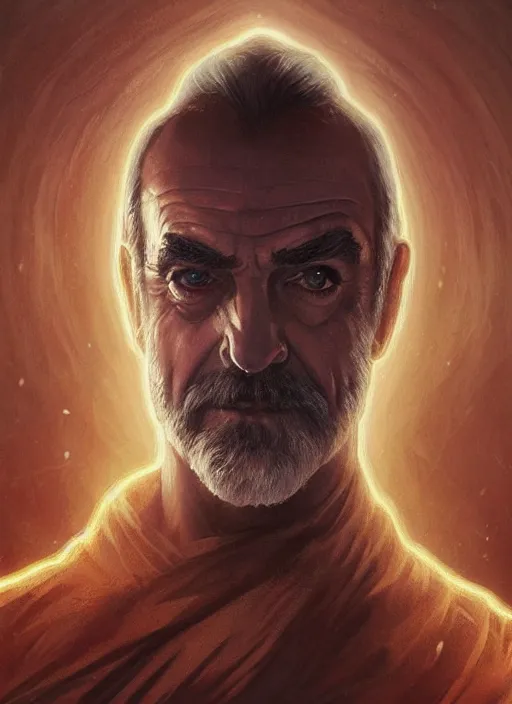 Image similar to Portrait of Sean Connery, white glowing eyes, black hair, cloak, ethereal wings, male, fantasy, extremely detailed, digital painting, artstation, concept art, smooth, sharp focus, illustration, stunning lighting, art by artgerm and greg rutkowski and alphonse mucha and simon stalenhag, realistic character concept, high fantasy, light atmosphere, golden ratio, cinematic lighting, hyperdetailed, high resolution, insanely detailed and intricate, artstation, Marc Simonetti, Greg Rutkowski, 8k