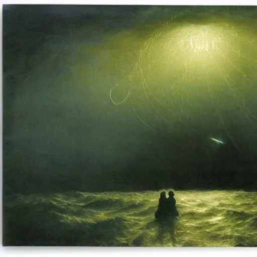 Image similar to small male with long curly hair figure in epic foggy deep sea, expansive view, dozens of thin glowing straight lines extend from ground into the sky, by Caspar David friedrich