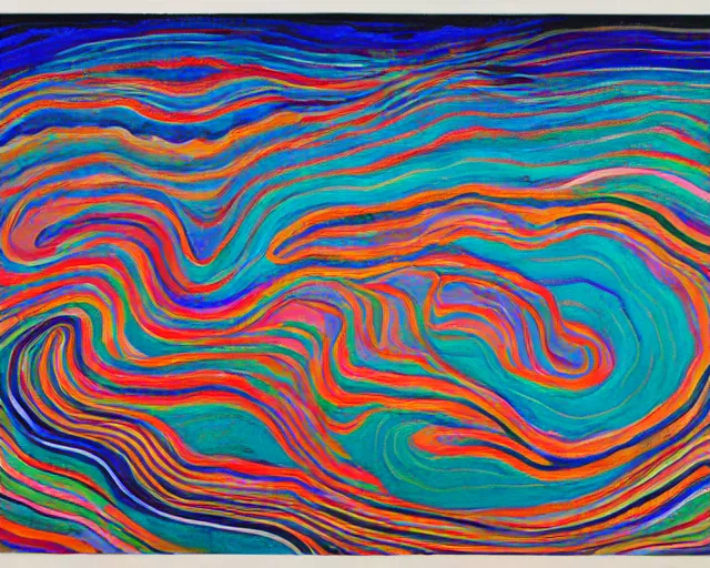 Image similar to Ocean waves in a psychedelic dream world. DMT. Curving rivers. Craggy mountains. Landscape painting by Edvard Munch. David Hockney. Takashi Murakami. Minimalist.